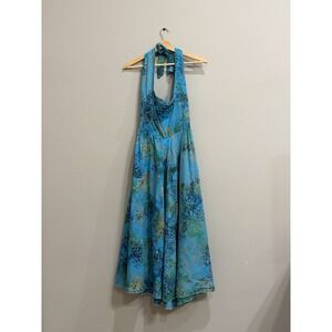 Bali Batiks Vintage A-Line Midi Halter Dress Large Hand Painted Resort Wear‎